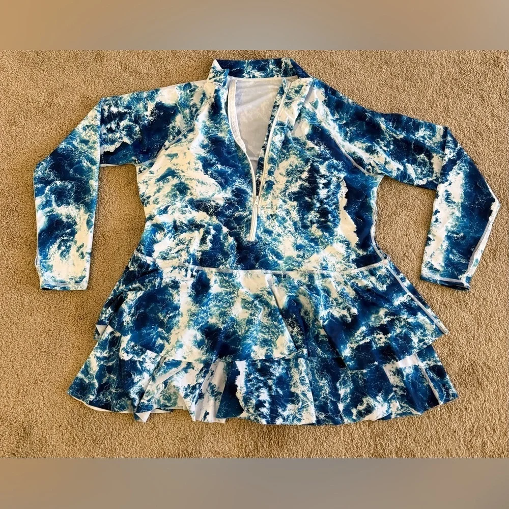 Rash Guard One Piece Swimsuit Blue Ocean Print Long Sleeve Modest Swim Dress XL